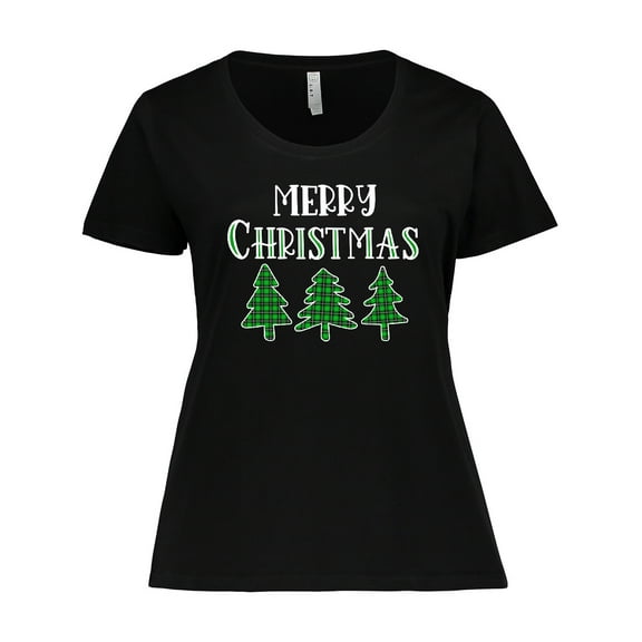 Inktastic Merry Christmas Green Plaid Christmas Trees Women's Plus Size T-Shirt