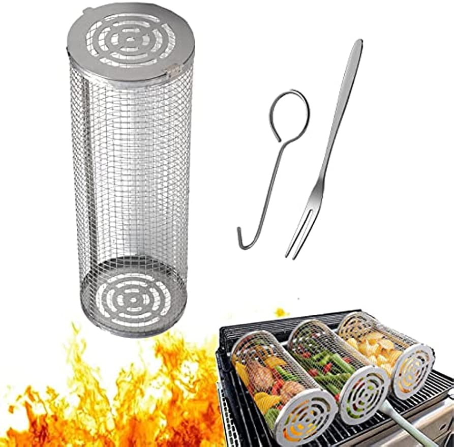 Rolling Grilling Basket,BBQ Net Tube,Stainless Steel Wire Mesh BBQ