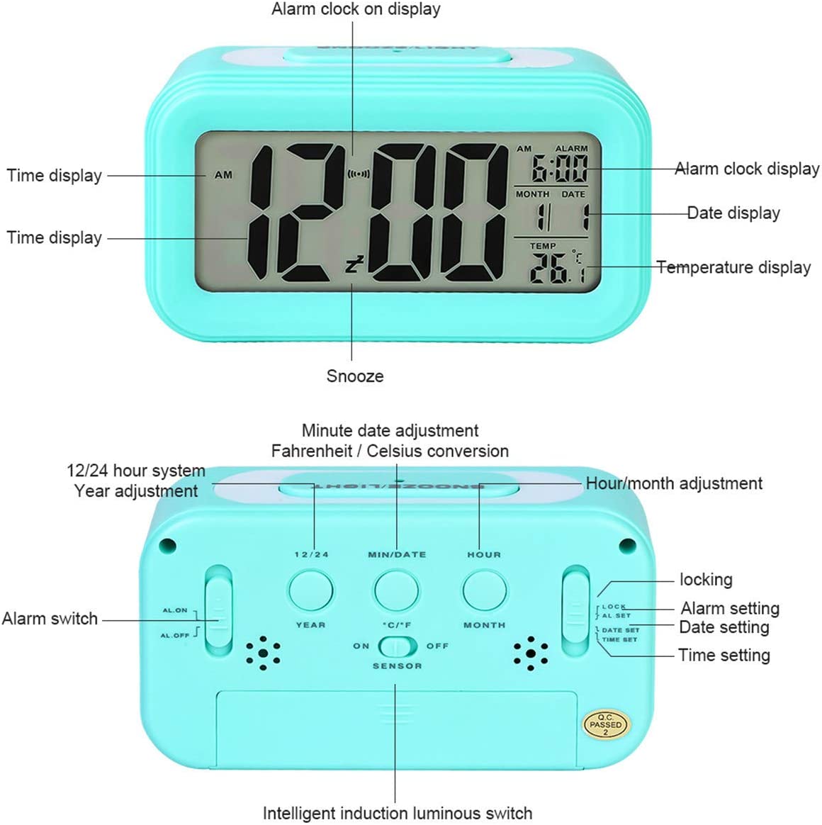 LED Digital Alarm Clock Backlight Snooze Mute Calendar Desktop Electronic Bcaklight Table Clocks Desktop Clock (Blue)