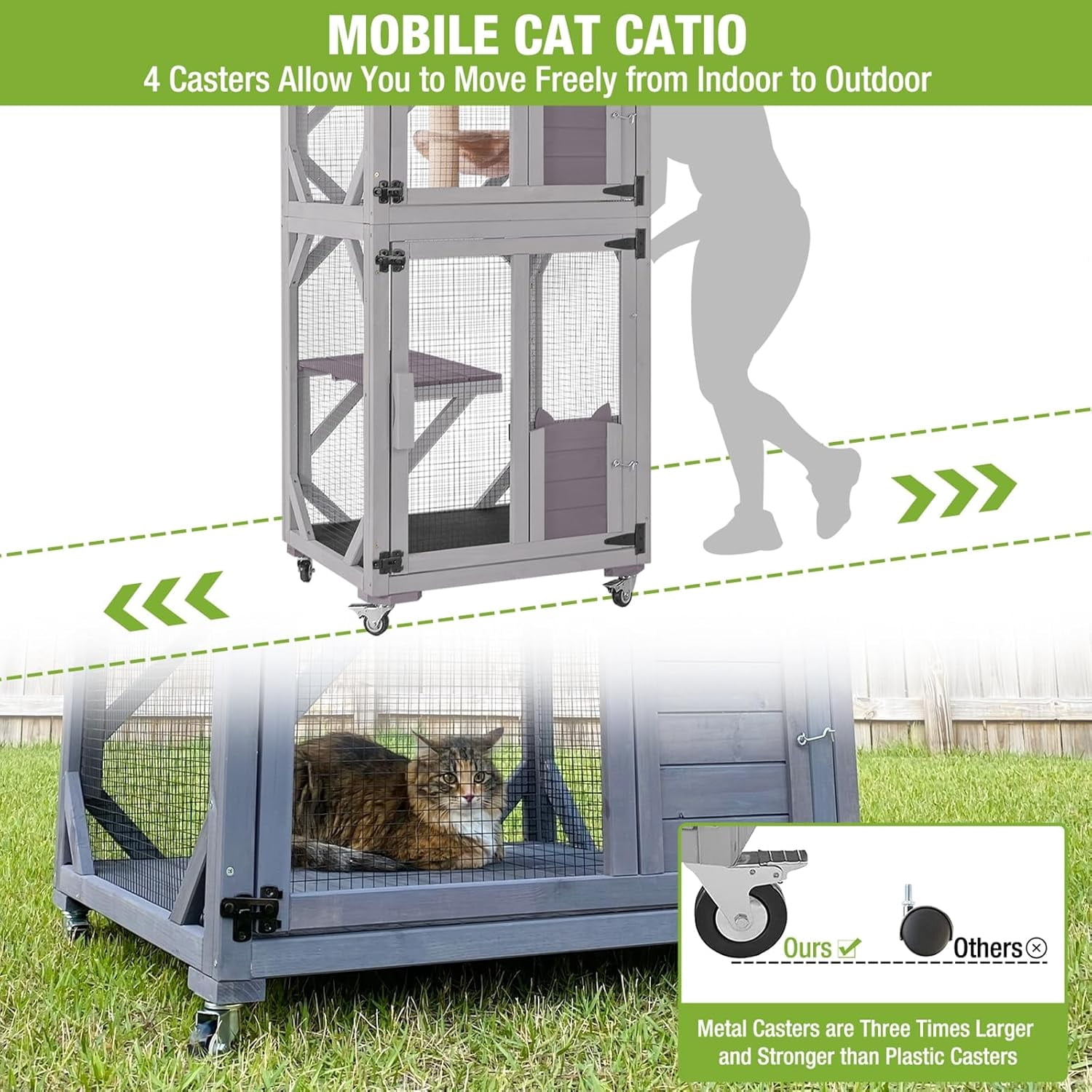 MEDEHOO Cat House Outdoor Catio for Cat Enclosure on Wheels 62.5" Large Kitty Shelter with Waterproof Cover,Indoor Cat Cage with Resting Room,Platforms
