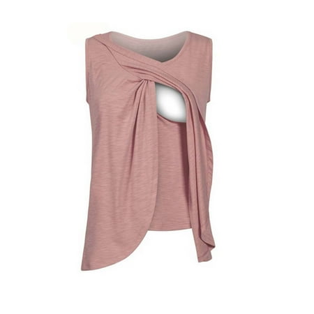 

Pregnant Women Summer Sleeveless Double Layers Breast-feeding Vest Fashion Versatile Solid Color Round Neck Vest Casual Loose Nursing Vest for Maternity