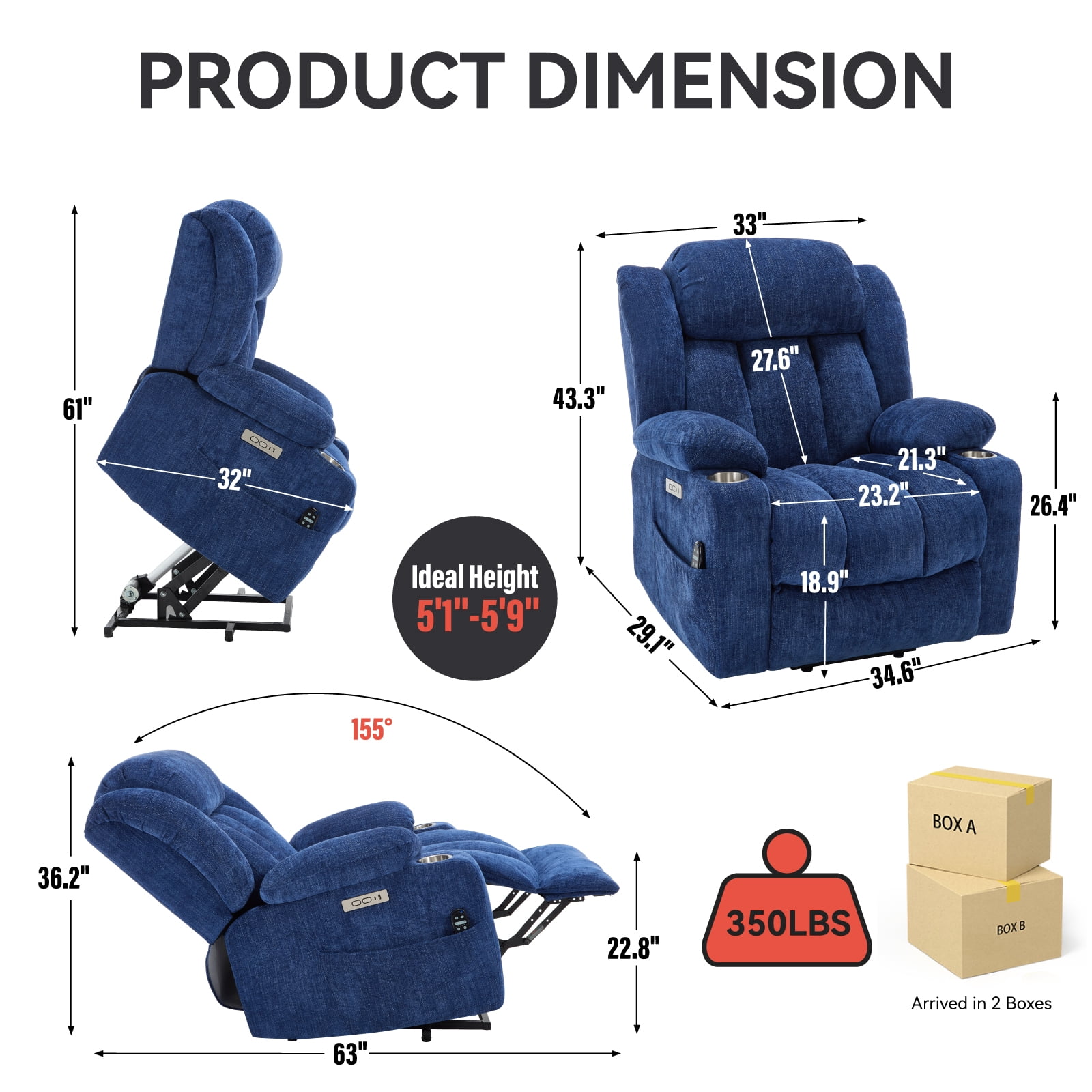 Power Lift Recliner Chair with Heat and Massage, 8-Point Vibration & Lumbar Heat, 350LB Capacity, Infinite Position, USB Charger, Side Pockets, Soft Fabric for Elderly, Dark Blue