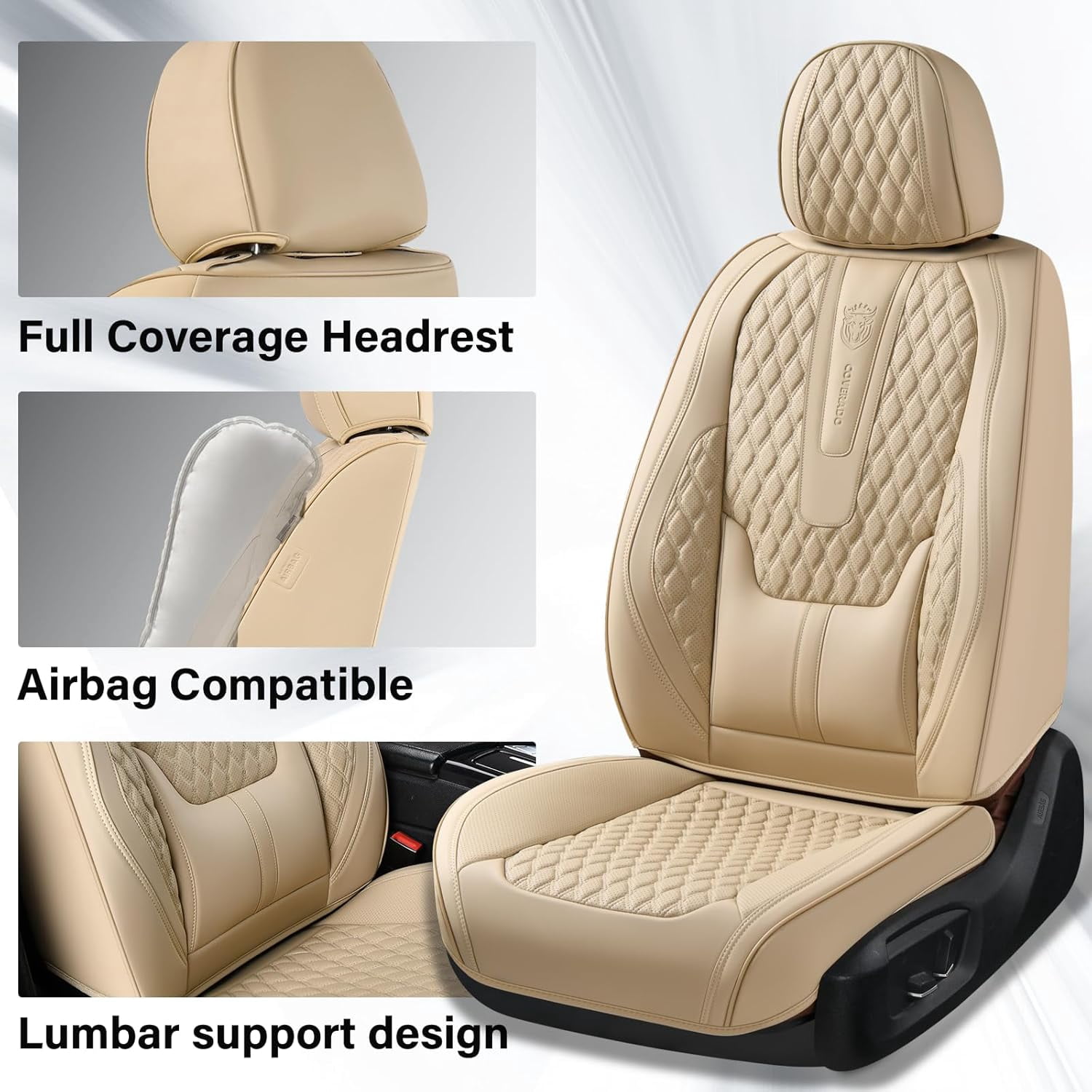 Coverado Beige Car Seat Covers Front, Waterproof Faux Leather Auto Seat Protectors with Lumbar Support, Luxury Automotive Interior Accessories Universal Fit Most Cars SUV Trucks