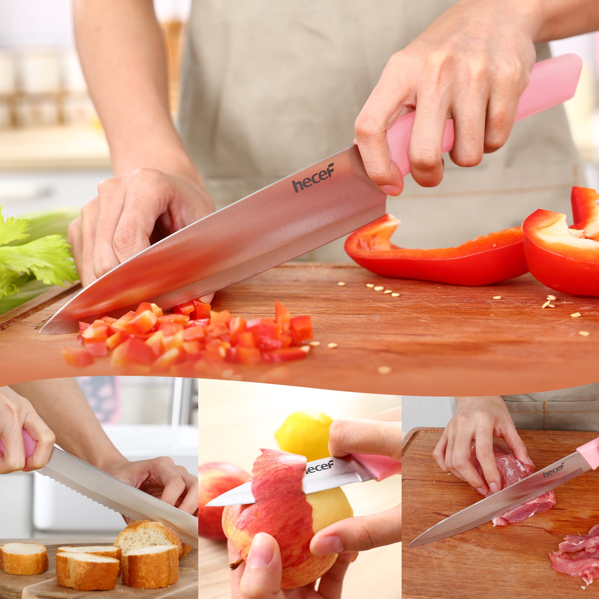 Hecef 12-Piece Stainless Steel Kitchen Knife Block Set with Steak Knives