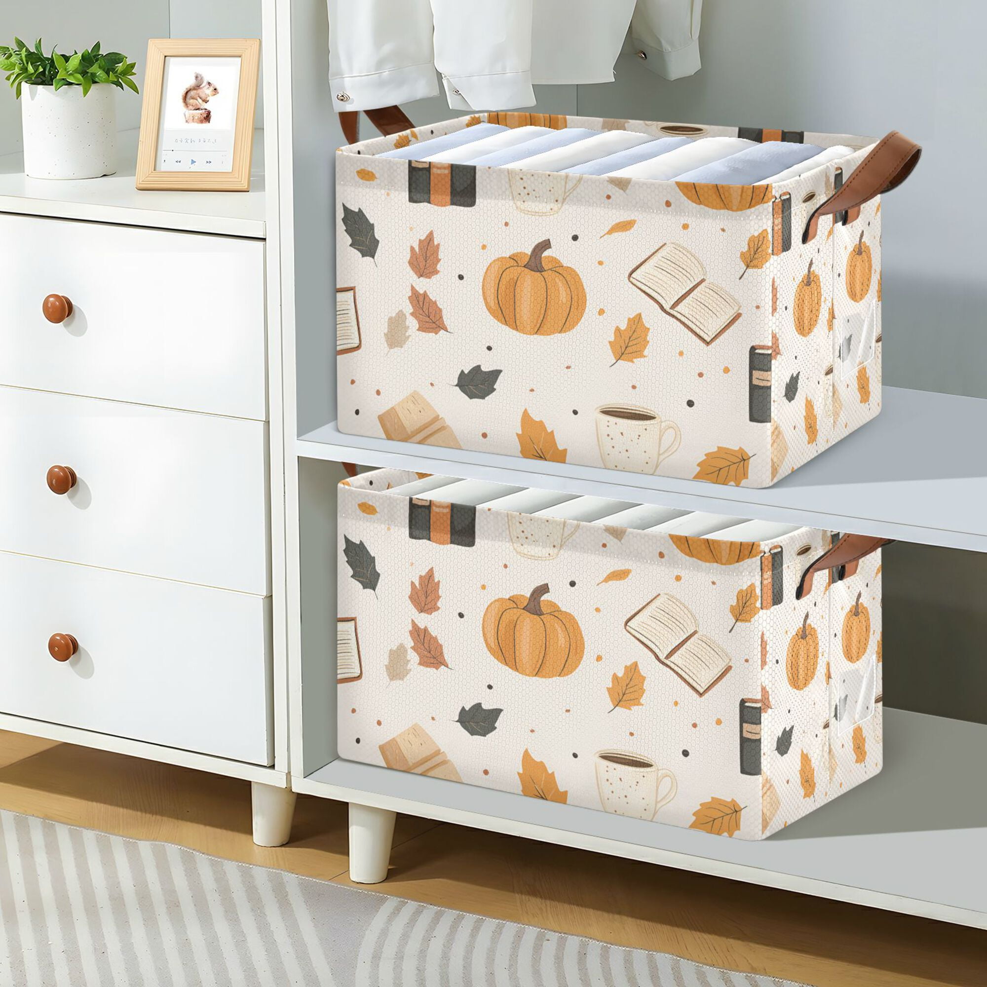 Yayeee Foldable Storage Basket for Shelves with Handles Waterproof Cloth Bins, Beige Fall Pumpkin