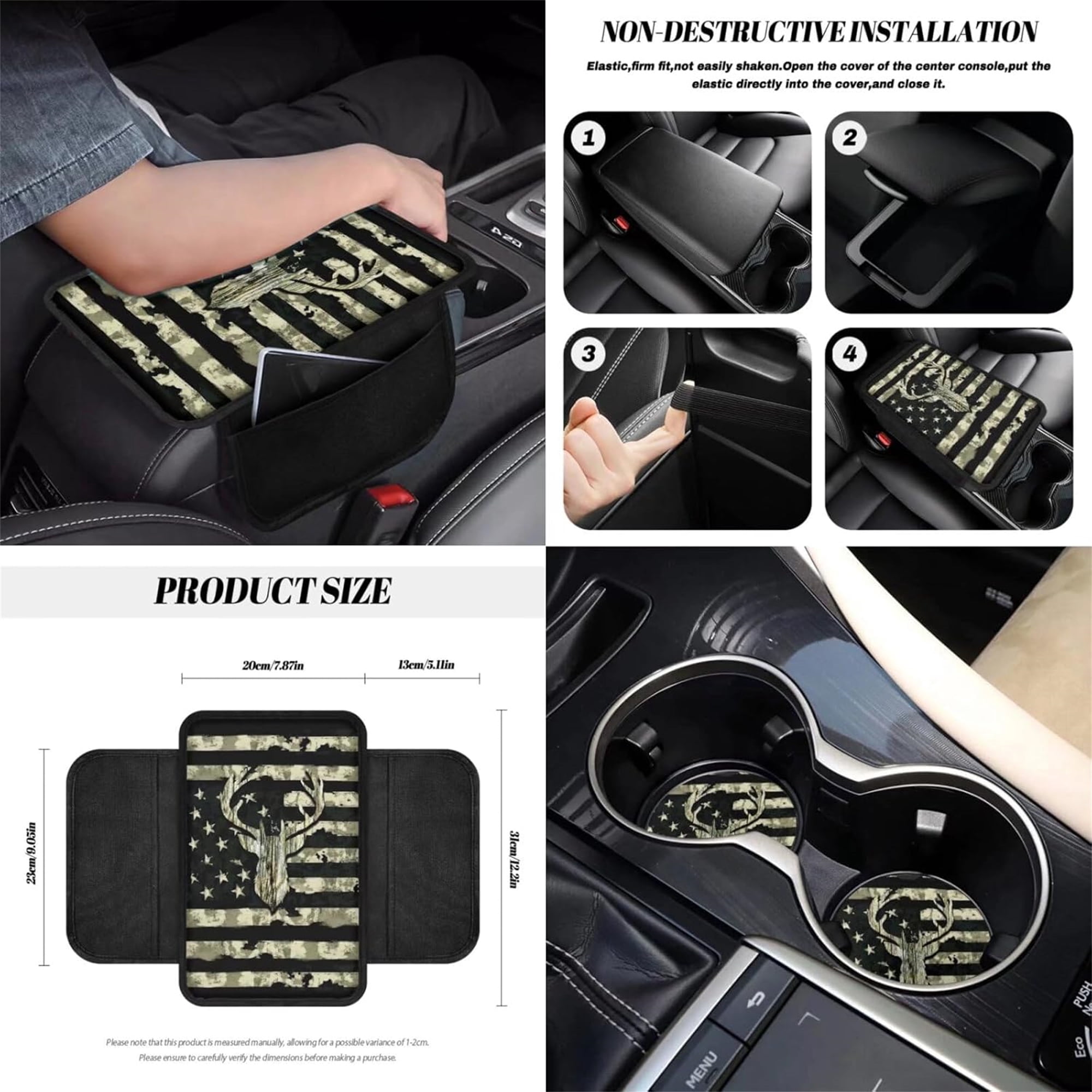 Jeiento Deer 12 Pcs Car Seat Cover Set with Front Car Seat Cover Steering Wheel Armrest Cover Seat Belt Pads Garbage Can Air Vent Pouch Rearview Mirror Cover Coaster Keychain Camo Hunting