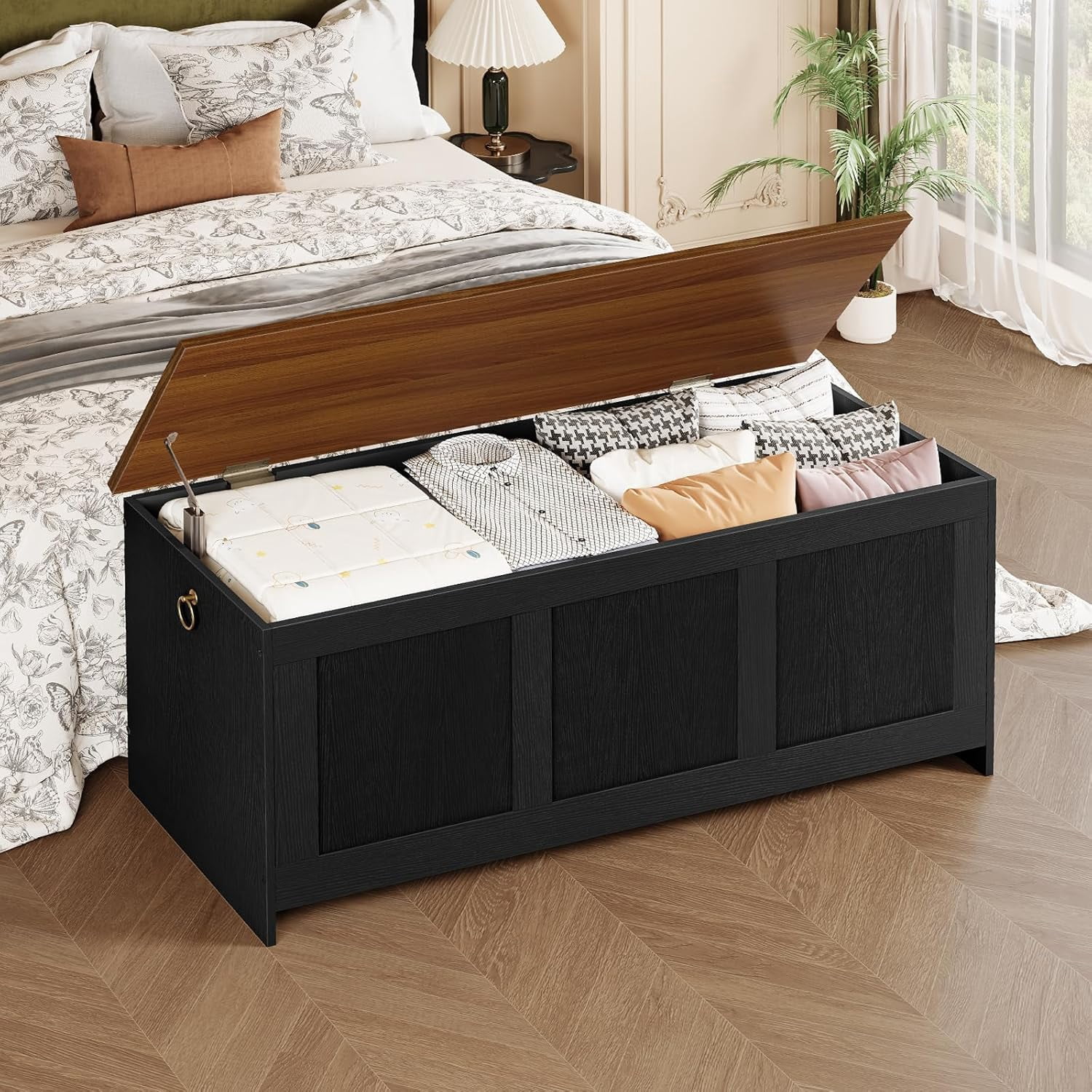 Storage Bench, 43.3" Retro Wooden Storage Chest, Wooden Storage Trunk, Toy Chest with Lift Top, Multifunctional Entryway Organizer, for Entryway, Living Room, Black and Walnut BH411CW01