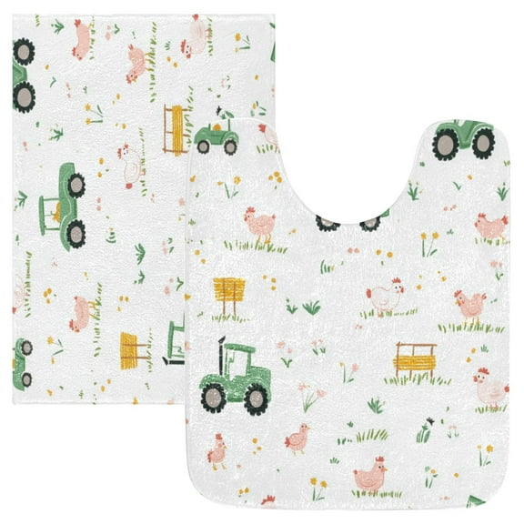 2 Piece Soft Bathroom Rug Set Cute Farmyard Pattern Bath Mat and U-Shaped Toilet Contour Rug (16"x24" 20"x24")