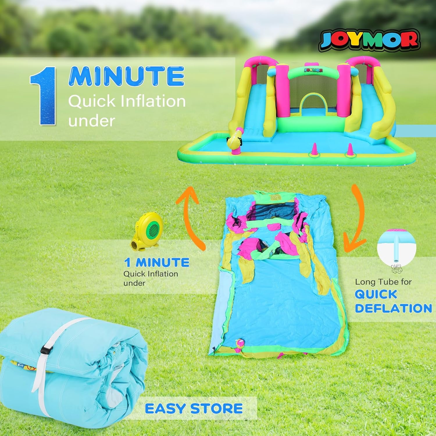 JOYMOR 8-in-1 Inflatable Water Slide Bounce House for Kids Backyard w/2 Slides, 2 Climbing Wall, Ring-Toss, Large Pool, 1min Blow Up Water Slide Includes 750w Air Blower, Storage Bag