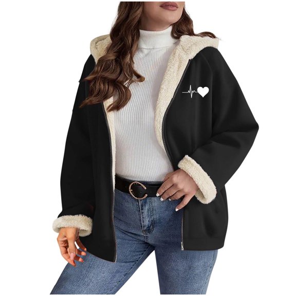 wdsxpo Winter Jacket for Women Cute Printed Sherpa Lined Coats Full Zip Up Hooded Sweatshirt Fashion Fleece Warm Jackets Outerwear