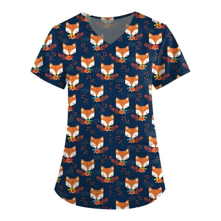 

QAZXD Womens Summer Tops Floral V-Neck Short Sleeve Scrub Tops with Two Pockets Pullover Blue 3XL