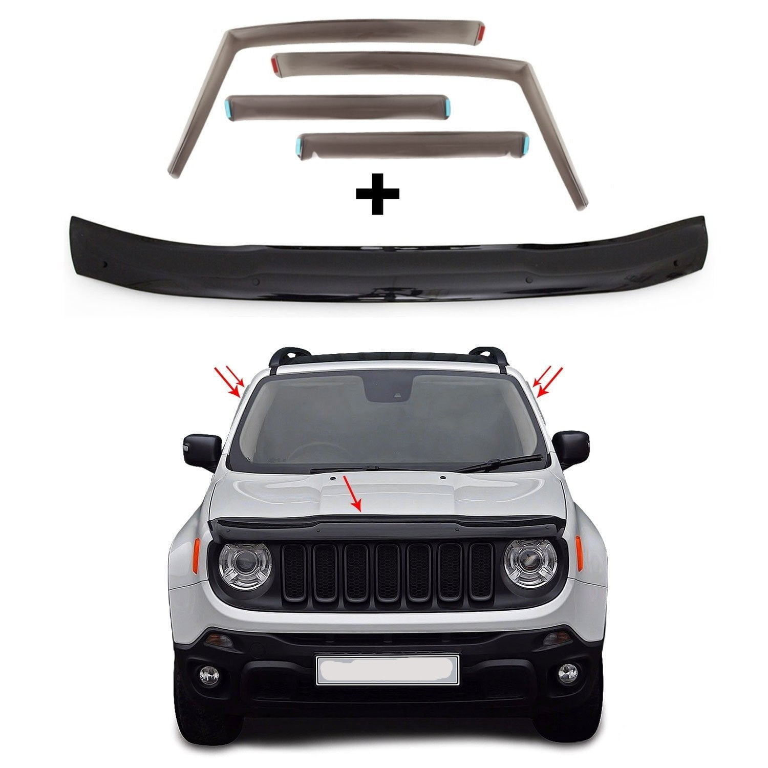 Front Bug Shield Hood Deflector & Wind Deflector Set for Jeep Renegade
