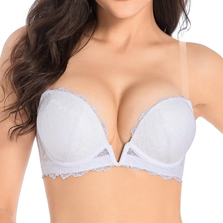 

Yandw Sexy Lace Deep V Plunge Push Up Bra For Women Clear Straps Padded Convertible Underwire Wedding Brassire