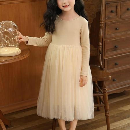 

Hinvhai Kids Girl Fashion Long Sleeve Dress Classic Cute Temperament Knit Sweater Dress Ruffle Fall Winter Solid Color Round Neck Tulle Princess Dress Beige 6 Years(110)