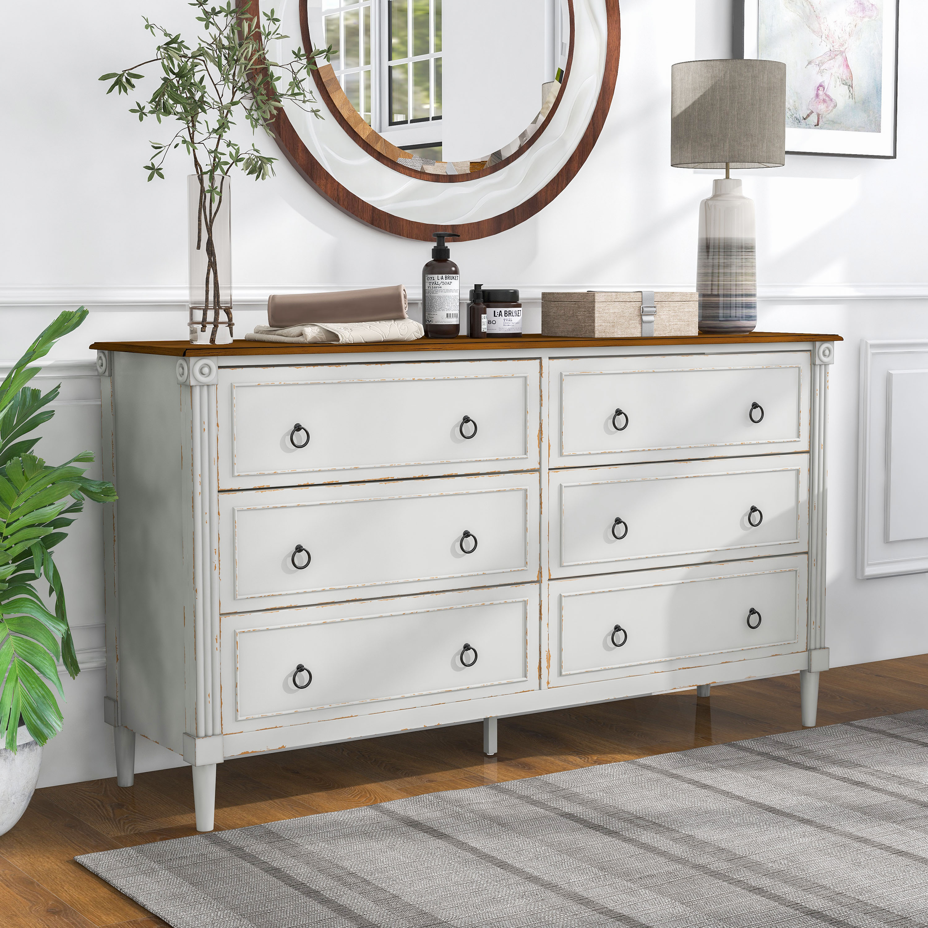 Elm Solid Wood 6Drawer Double Dresser Chest Storage, Antique White
