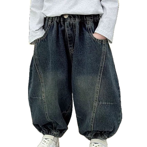 Boys Denim Pants Jogger Straight Waist Casual with Pocket Loose Fit Pull On Kid Clothes 8-9 Years