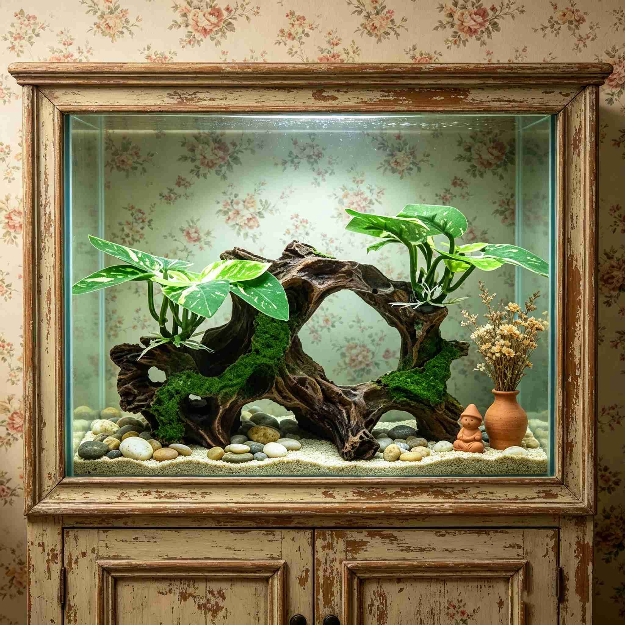 Driftwood Cave Aquarium Decor Set of 8, Silk Aquarium Plants Leaves for Aquarium Decoration and Fish Tank Decoration