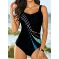 thumbnail image 5 of Eytino One Piece Swimsuit Women Color Block Print Swimsuits Criss-Cross Back V Neck Bathing Suits Athletic Padded Athletic Training Swimwear Black S Female, 5 of 6