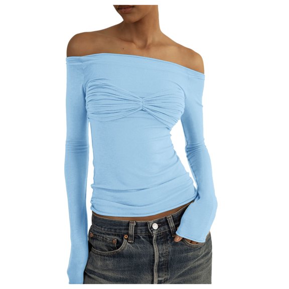 DHFJKG Long Sleeve Shirts For Women Off Shoulder Mesh Sheer Tees Sexy Slim Fit Stretchy See Through Going Out Comfy Tops