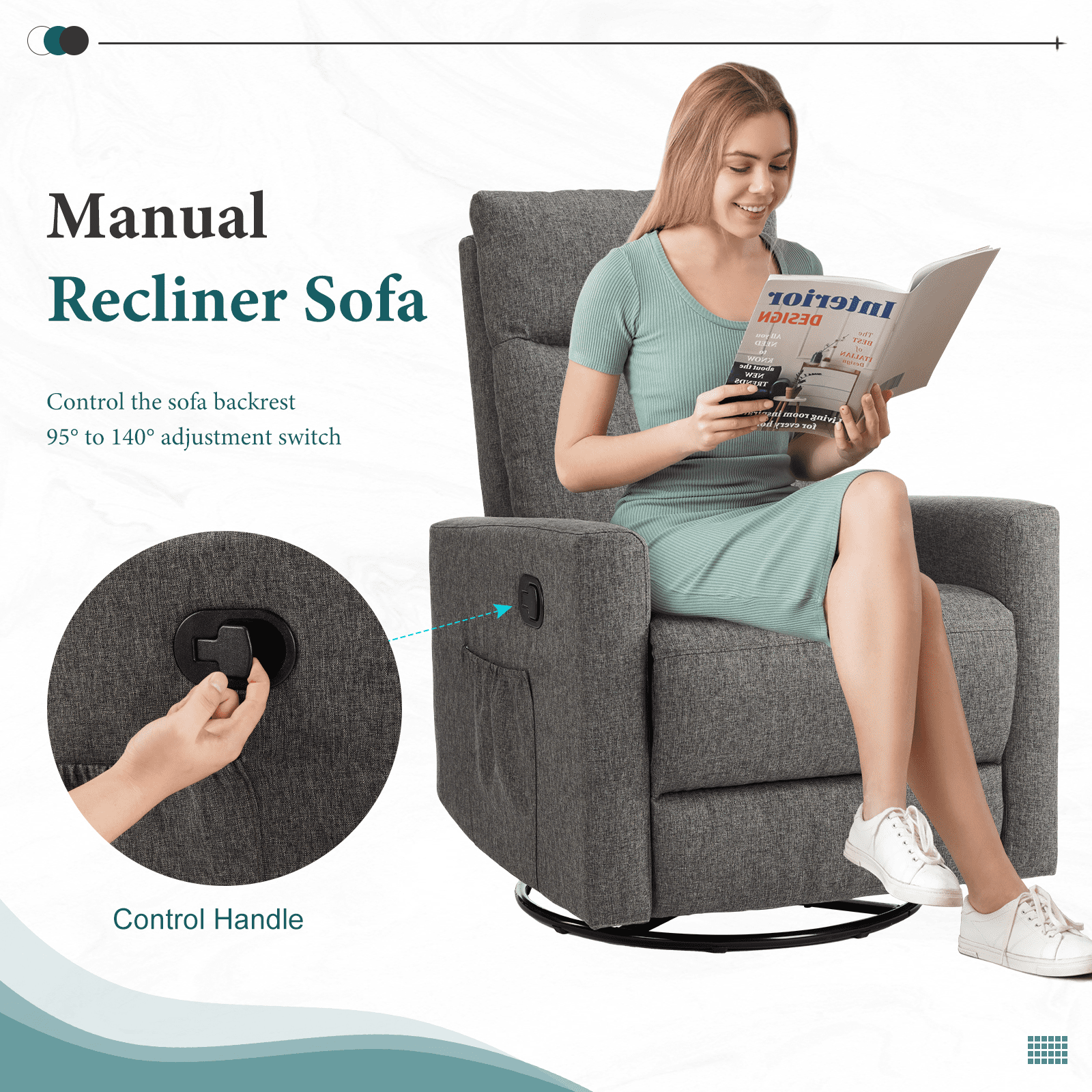 MAYEERTY 360° Swivel Rocking Recliner Chair, 95-160° Adjustable Backrest Linen Nursery Glider with Metal Base, 250lbs Capacity Easy Assembly