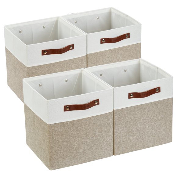 DECOMOMO Bac de Rangement en Cube en Tissu - Paniers de Rangement pour Étagères, Organisateur de Rangement en Cube pour Kallax et Casiers (Beige et Blanc, Cube de 11 Pouces) - Lot de 4