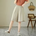 thumbnail image 4 of Summer Cotton Linen Bermuda Shorts Loose Fit Elastic Waist Knee Length Womens Casual Beach Shorts with Pockets (M, Beige), 4 of 7