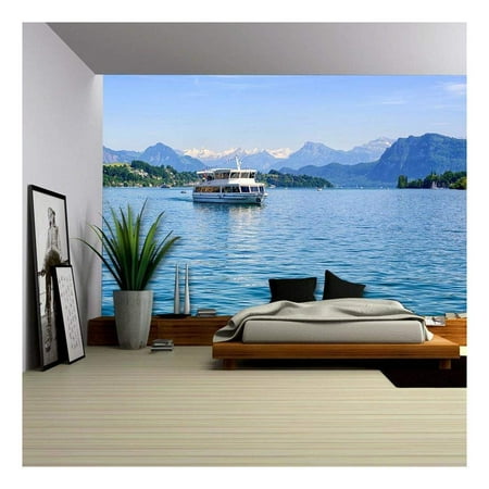 Lucerne Large Wall (wall26 - Cruise Ship in Front of Snow Covered Alps Mountains Peaks on Lake Lucerne, Central Switzerland - Removable Wall Mural | Self-Adhesive Large Wallpaper - 100x144)
