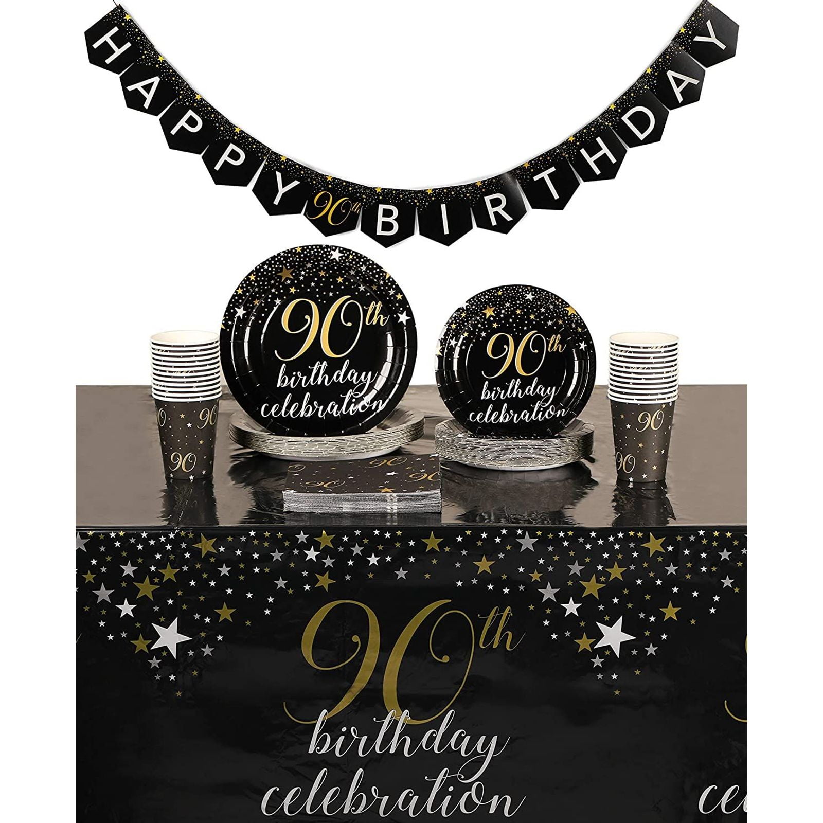 Happy 90th Birthday Bday PARTY ITEMS Decorations Tableware BLACK & GOLD Age 90 