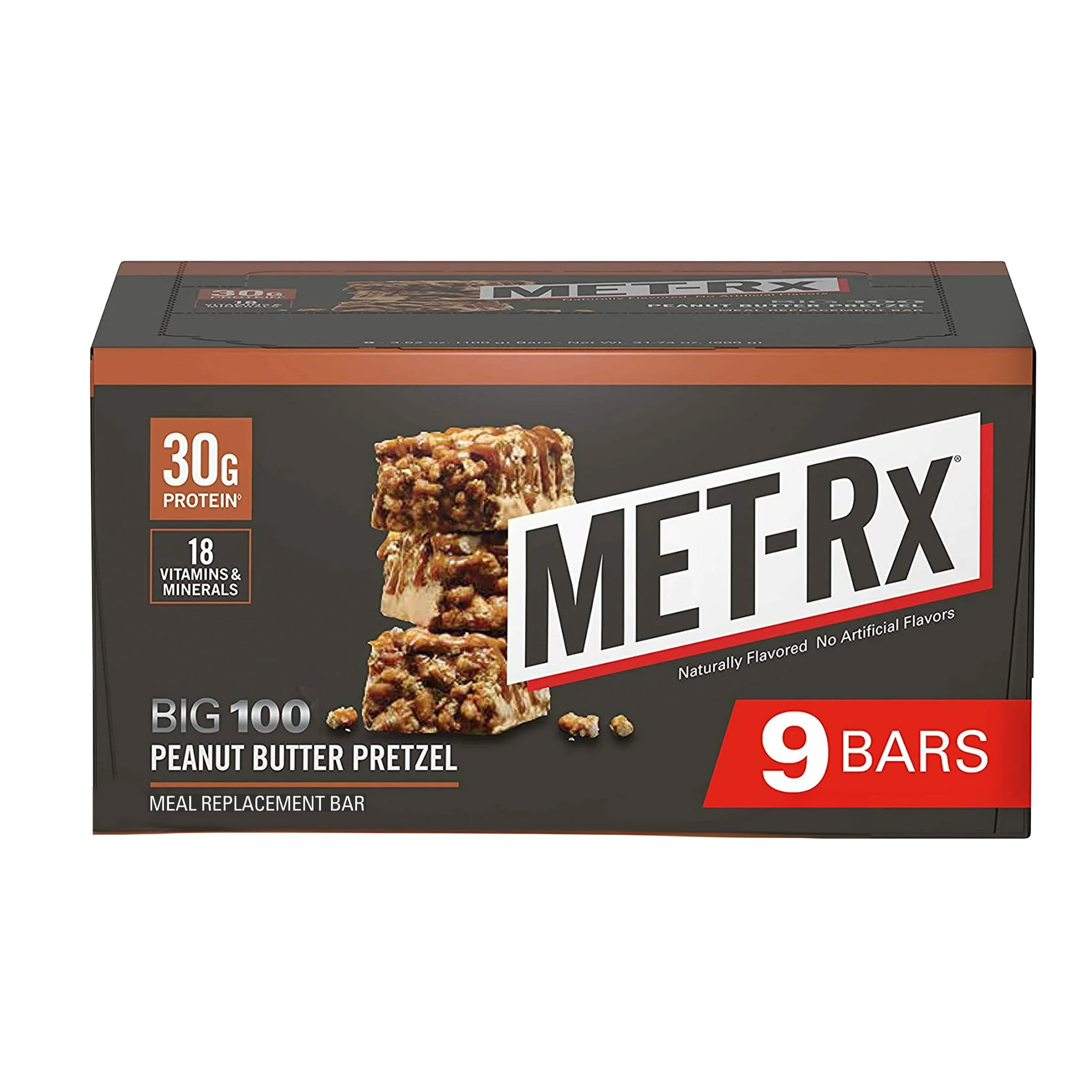 MET-Rx Big 100 Protein Bar, Peanut Butter Pretzel, 30g Protein, 9 Ct