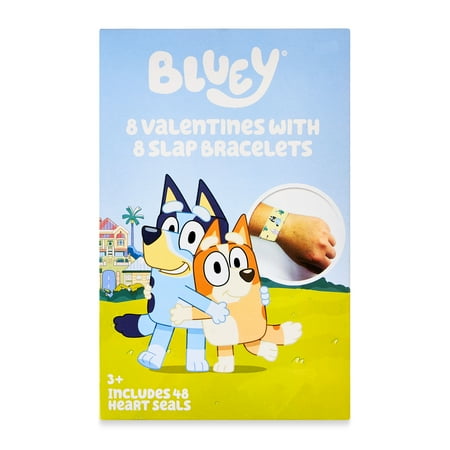Way to Celebrate Bluey Valentine's Day Cards, Kiddie Cards, Slap Bracelets, Blue, 8 Count