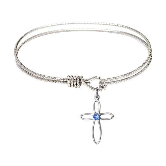 6 1/4 inch Oval Eye Hook Bangle Bracelet w/ Loop Cross medal charm w/ September Blue Swarovski Crystal