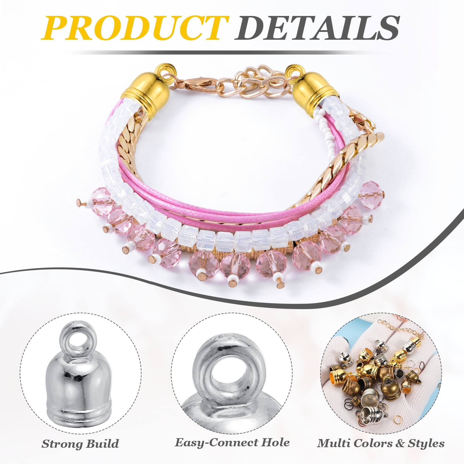 Uxcell 550Pcs Leather Cord End Caps, 4.8 to 11.8mm ID Tassel Barrel End Caps with Extender Chains and Jump Rings for Jewelry Making Findings DIY Bracelet Necklace, White K Tone