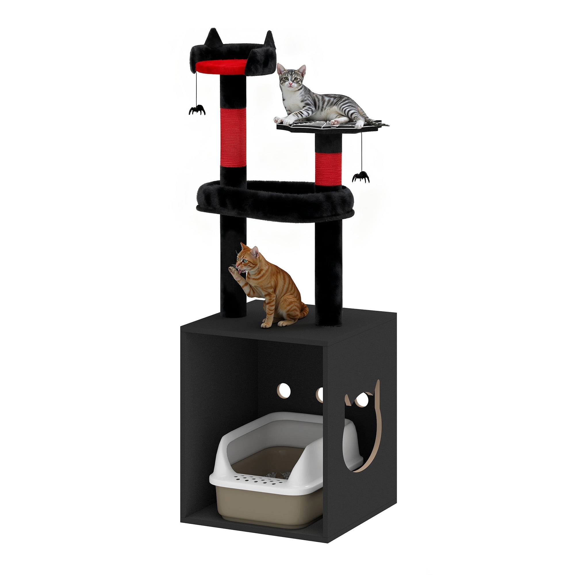 Homiflex Cat Tree for Automatic Litter Box, 67''H Cat Tower with Litter Box Enclosure, Scratching Post, Hooks, Halloween Style, Black/Red