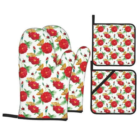 

Oven Mitts and Pot Holders Sets 4 pcs Rose Flowers Butterfly Non-Slip Oven Gloves Potholders Soft Quilted Lining Heat Resistant Gloves Hot Pads for Kitchen Cooking Baking