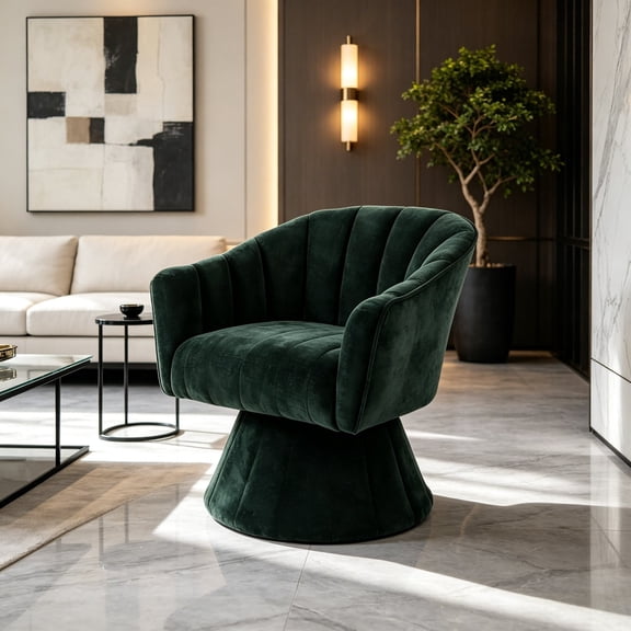 FFZ 29"Tall 360-Degree Swivel Accent Chair with Corduroy Upholstery and Channel Tufting, Green
