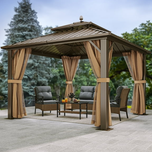 Dextrus 10x10ft Hardtop Gazebo with Nettings and Curtains, Heavy Duty Double Roof Gazebo Outdoor for Patio, Backyard, Deck, Lawn (Bronze)