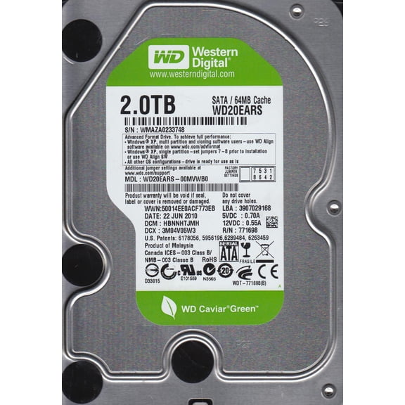 WD20EARS-00MVWB0, DCM HBNNHTJMH, Western Digital 2TB SATA 3.5 Hard Drive