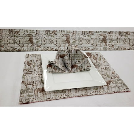 

Farmers Market Placemat Table Runner Cloth Napkins Set by Penny s Needful Things (8 Napkins & 8 Placemats) (7 Feet Long Table Runner) (Gray)