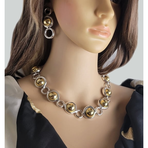 Two Tone Silver Gold Modern Bubble Orb Link Necklace Earrings Set Ladies Adult Women
