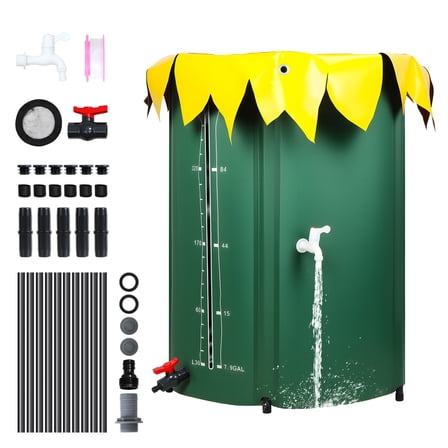 Sunflower Style 100 Gallon Collapsible Rain Barrel - PVC Folding Water Storage with Spigot & Overflow Kit, 1000D Oxford Cloth Mesh Top for Garden Irrigation & Rainwater Collection