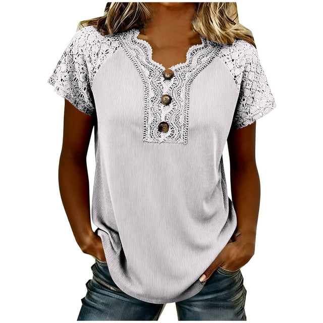 Floleo T-Shirt à Manches Courtes Plissé Élégant pour Femme à Col Rond, Léger, Ample, Polyvalent (Blanc, M)