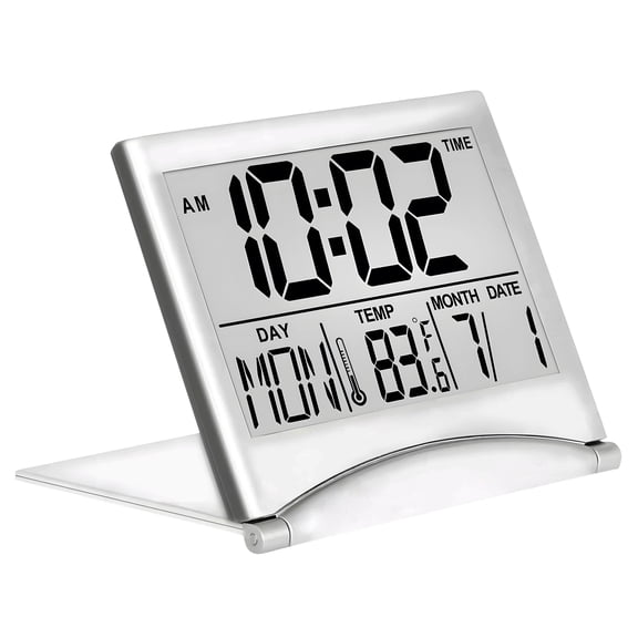 GJX Digital Alarm Clocks for Bedrooms,Foldable Portable Bedside Clock,Multifunctional Alarm Clock for Heavy Sleepers,Calendar,Timer,Thermometer,8 Alarm Tones,Snooze Function(1-60 min),12/24H