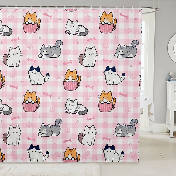Manfei Kitten Cat Cat Shower Curtain 72Wx72L, Cartoon Grid Bathroom Curtain, Pink White