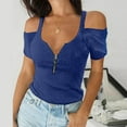 thumbnail image 2 of Pompotops Mode Femmes Décontracté Ample Uni Col en V Fermeture Éclair Aguichant Manches Courtes T-Shirt Blouse, 2 of 3