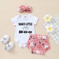 thumbnail image 2 of Mercatoo Toddler Baby Girl Clothes Set Short Sleeve Letter Romper Tops and Toddler Girls Cartoon Print Shorts Headband 3Pcs, 2 of 9