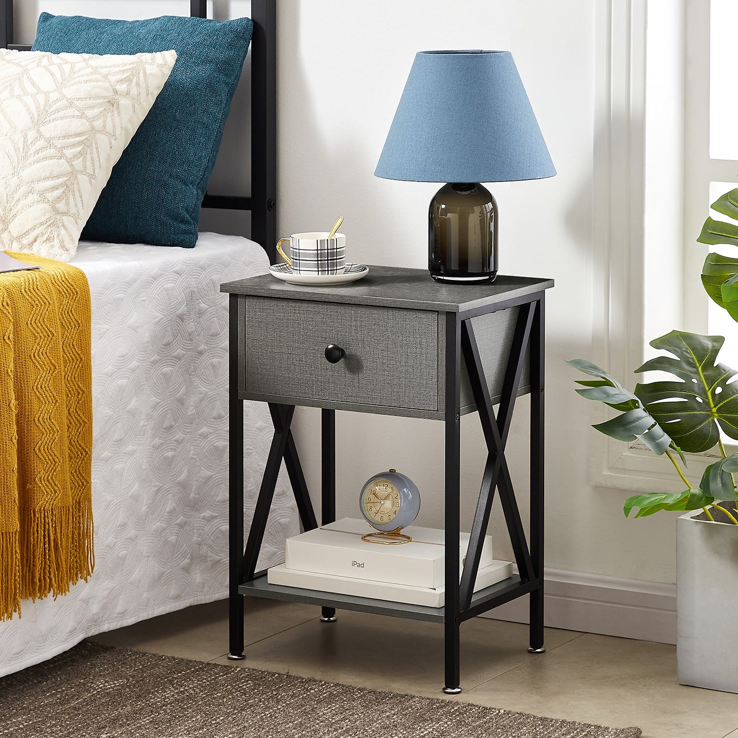 VECELO Nightstand with Drawer and Storage Shelf, Versatile XDesign End