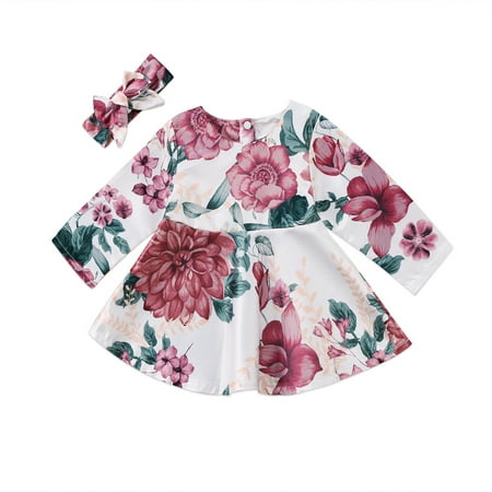 

Baby Girls Long Sleeve Cotton Dress + Headband Outfits Set Clothes