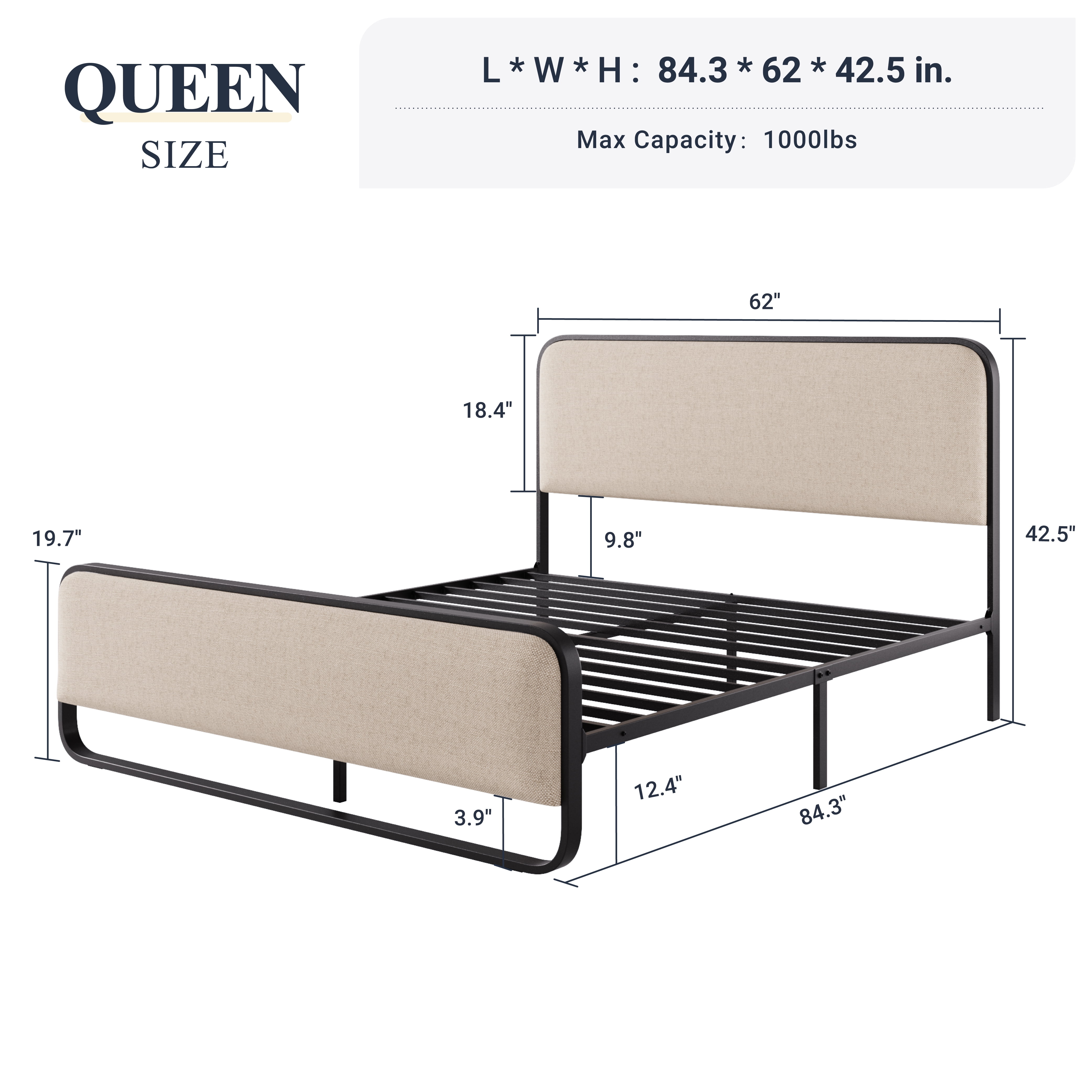 Allewie Queen Size Metal Platform Bed Frame with Curved Upholstered Headboard and Footboard, Beige