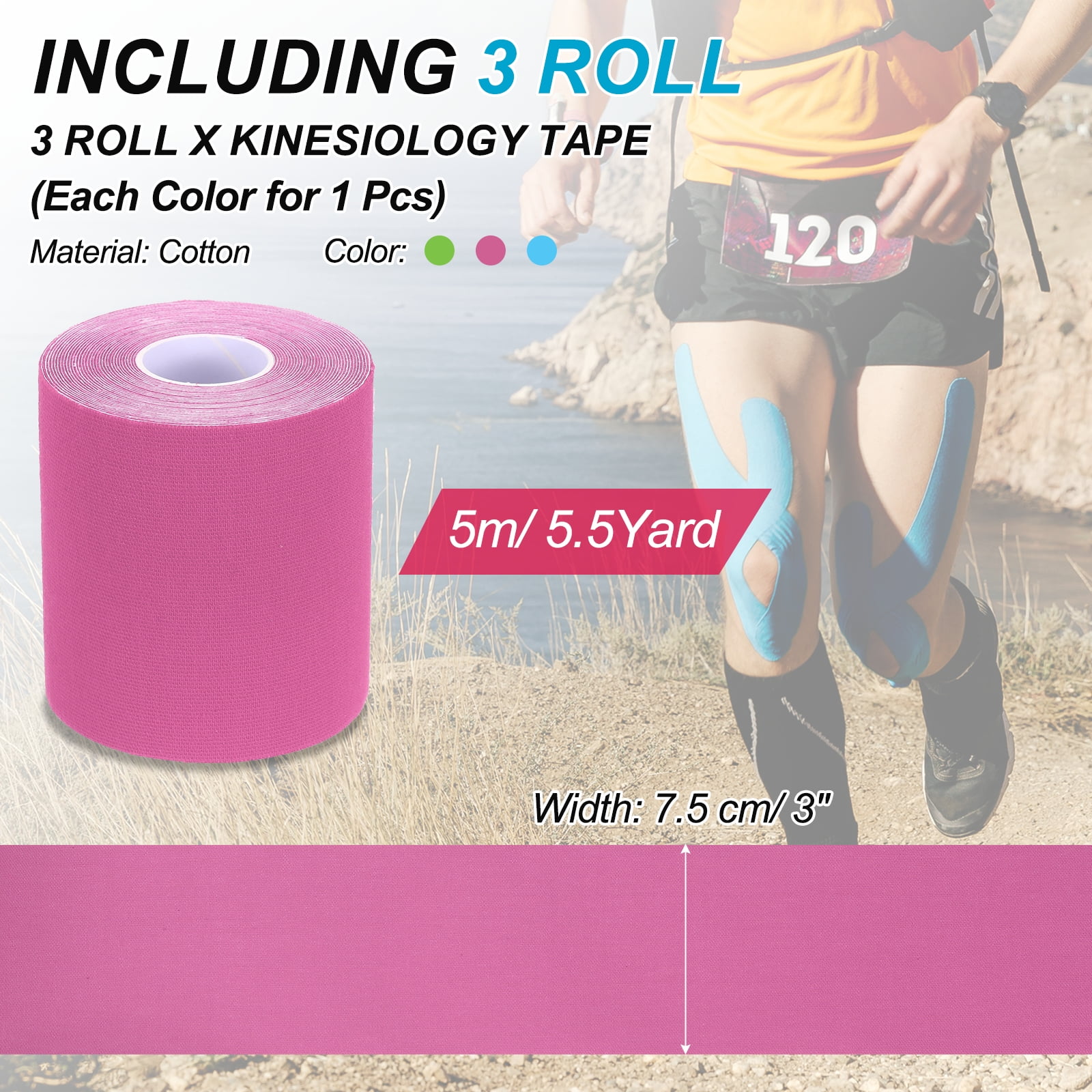 Uxcell 5.5 Yard x 3 Inch Kinesiology Tape, Adhesive Cotton Sports Muscle Support Tapes Waterproof Elastic Tape Light Blue/Green/Pink 3 Roll
