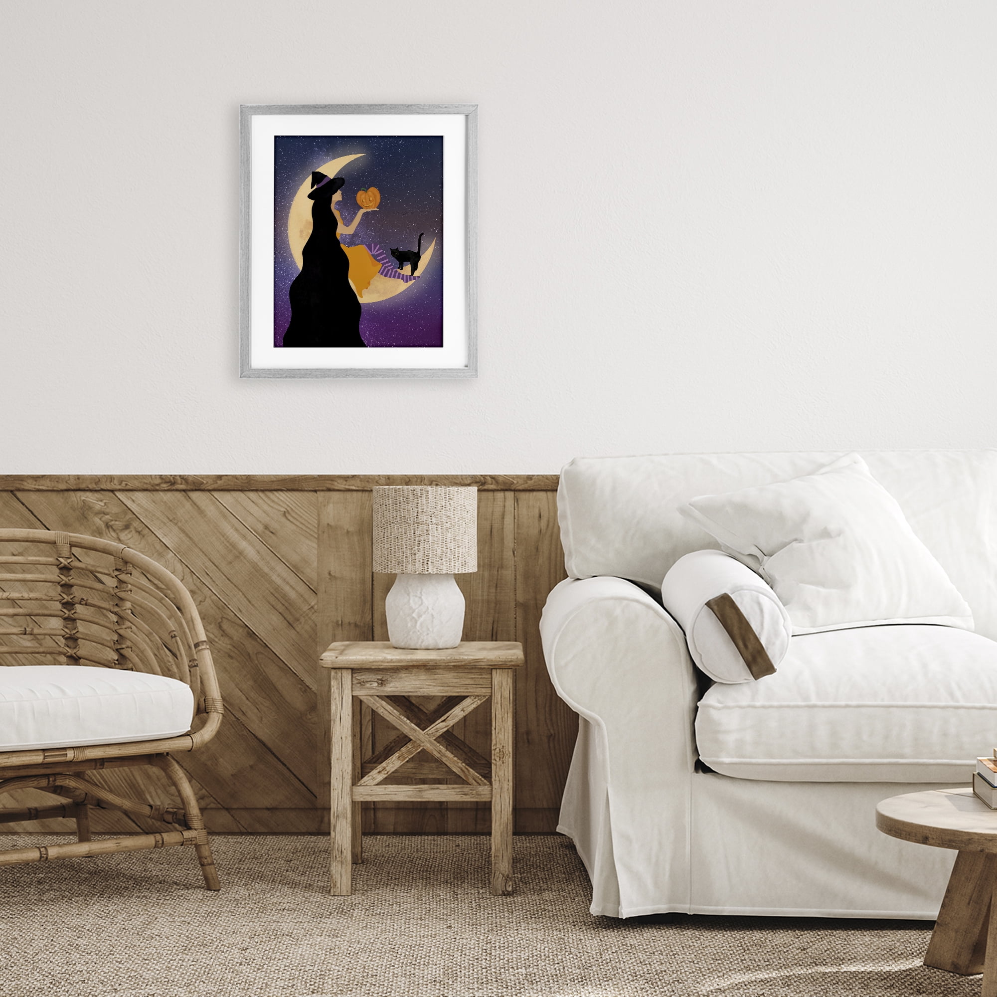 Stupell Industries Moonlit Witch Holding Jack-o-Lantern Gray Framed Print Under Glass, design by Daniela Santiago